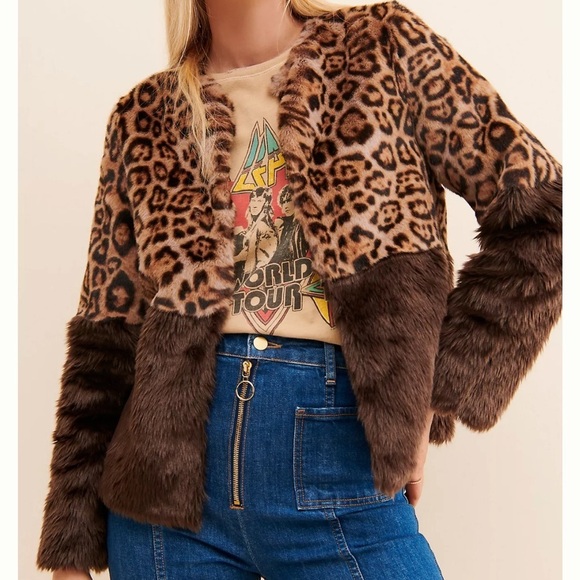 Anthropologie Current Air faux, fur color block and leopard print jacket - Picture 8 of 15